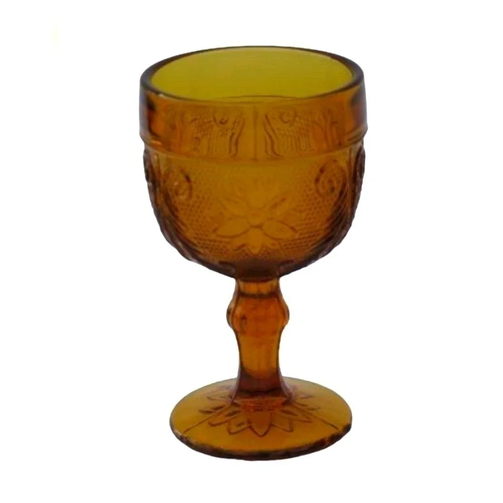 Indiana Glass‎ Tiara Sandwich Amber Water Goblets Set of 4 Floral Embossed MCM